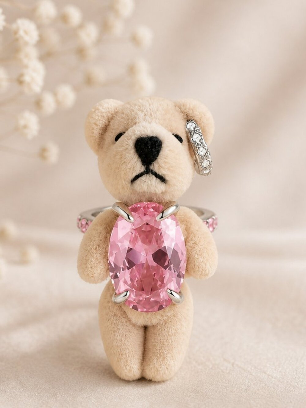 Plush Teddy Bear Statement Ring – Pink Rhinestone Double Band Size 7 – New